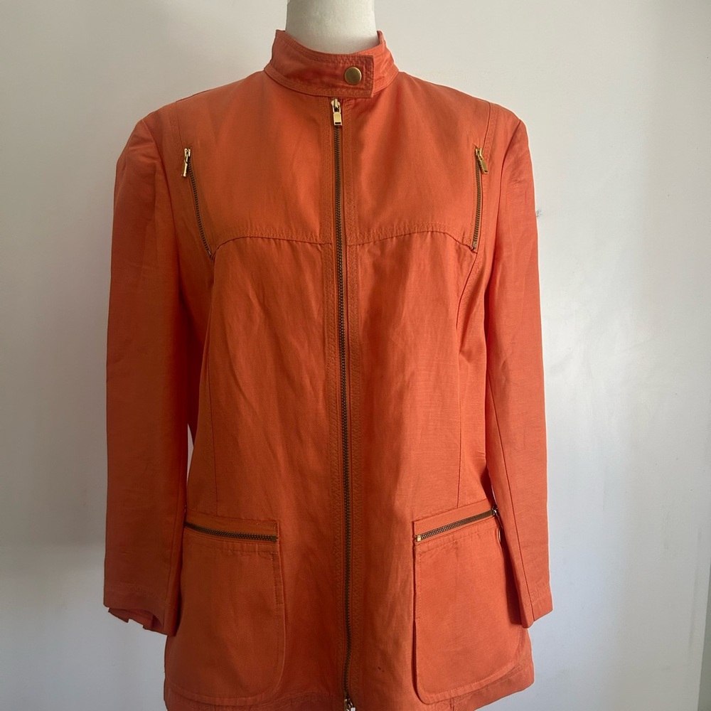 Carlisle Orange Utility Jacket Linen Blend Gold Hardware sz 10 Tailored Fitted